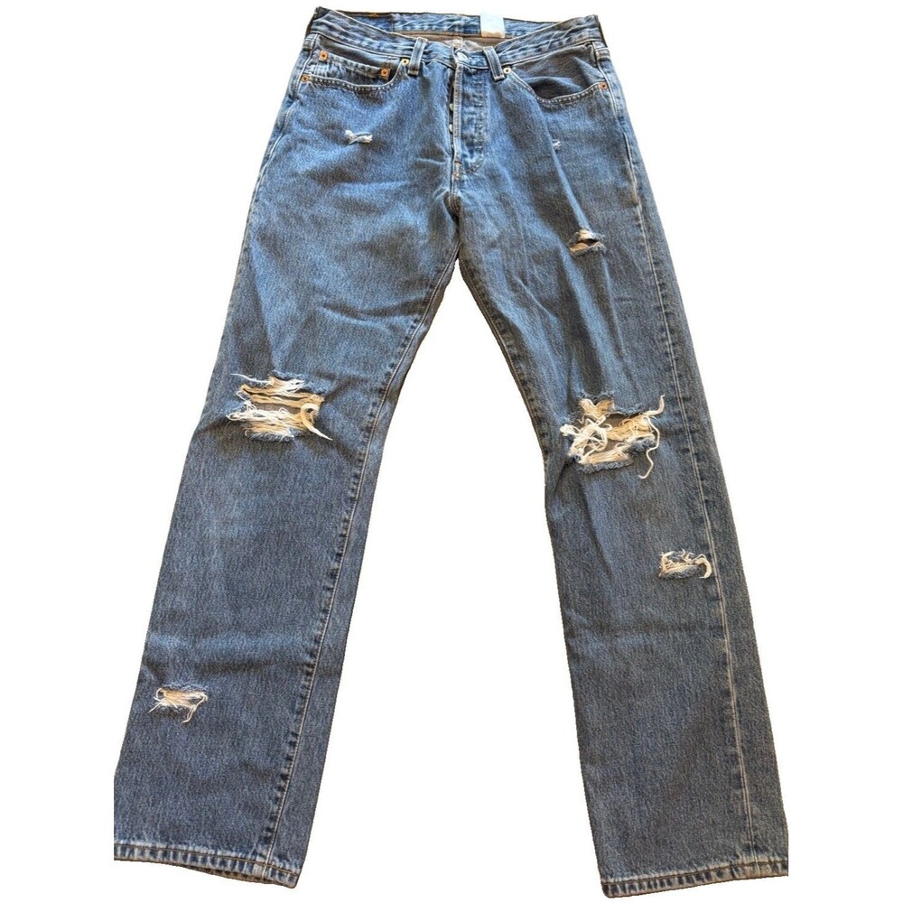 Vintage Levis 501 Distressed Jeans Mens 31x32 Medium Wash Ripped Button Fly Blue